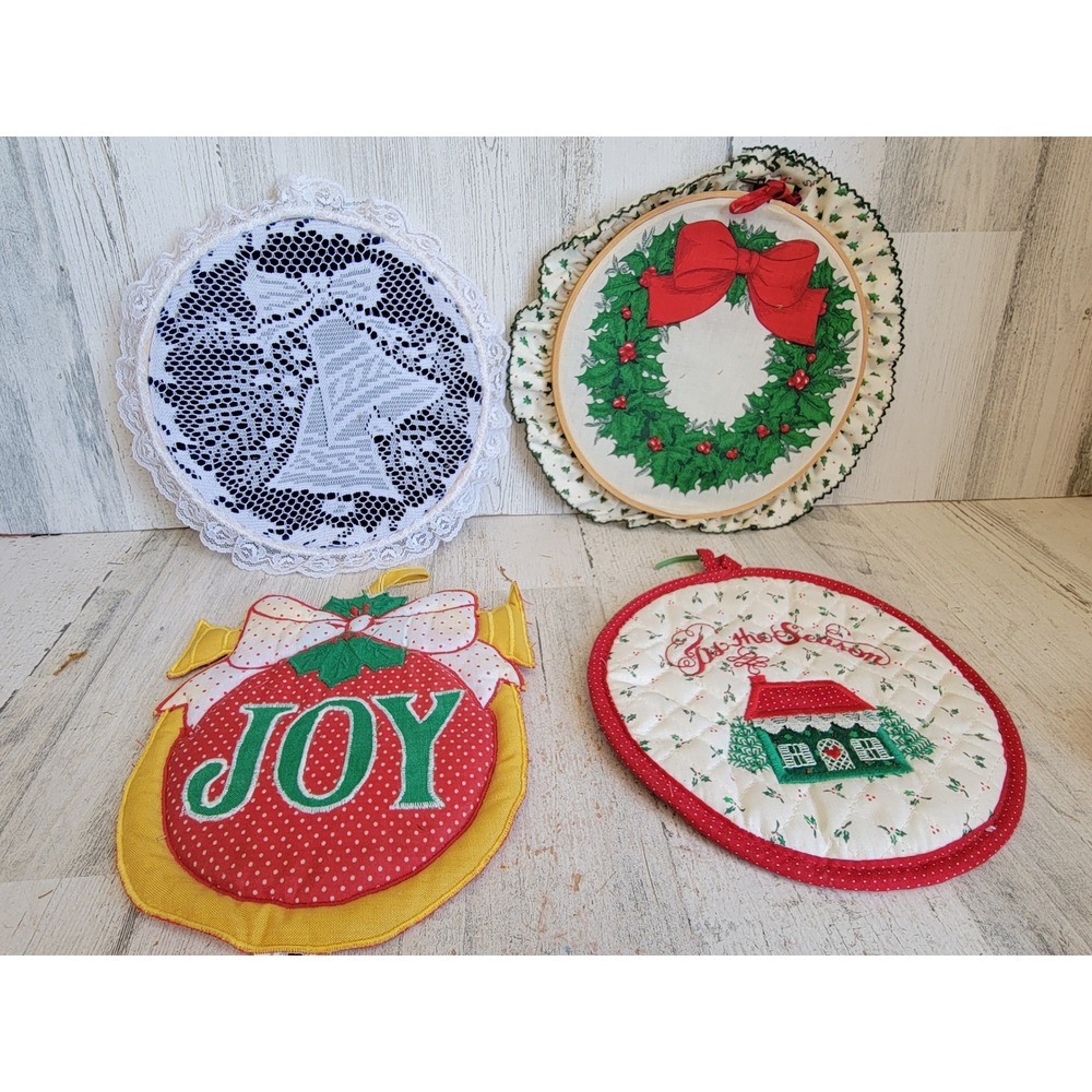 Vintage embroidered Xmas cross stitched hoops joy bell wall hanging wreath set